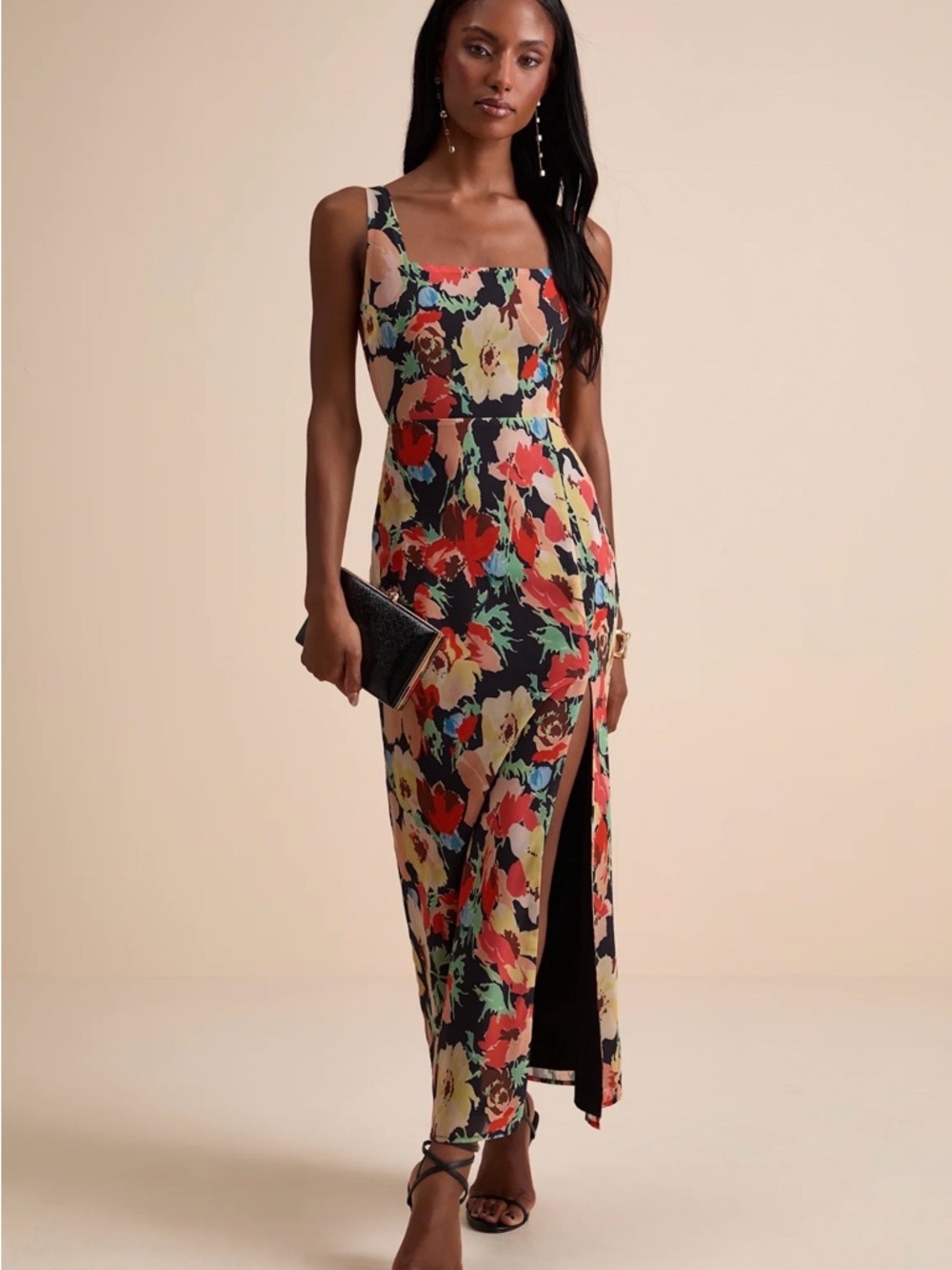 Floral Square-Neck Maxi Dress in Multi-Color